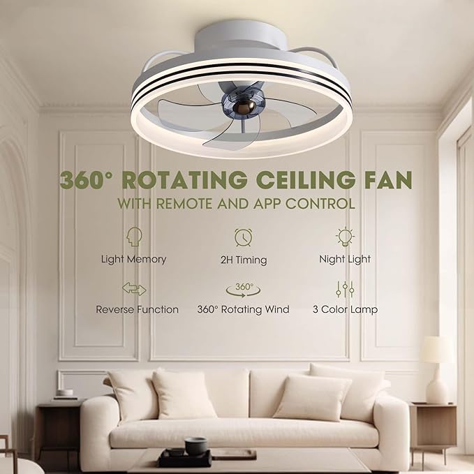 LUDOMIDE Ceiling Fans with Lights, 360° Rotating Ceiling Fan with Lights and Remote, 6 Wind Speeds Smart Flush Mount Ceiling Fan for Bedroom, Dining Room and Kitchen 20"