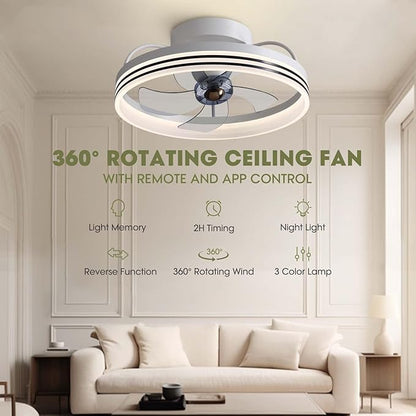 LUDOMIDE Ceiling Fans with Lights, 360° Rotating Ceiling Fan with Lights and Remote, 6 Wind Speeds Smart Flush Mount Ceiling Fan for Bedroom, Dining Room and Kitchen 20"