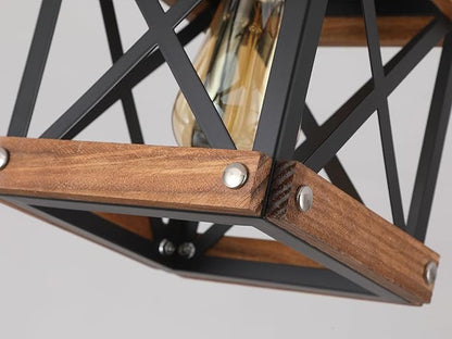 Rustic Farmhouse Wood Flush Mount Ceiling Light Fixture Oak Wood and Metal Square Cage Small Semi Flush Mount Ceiling Light for Kitchen Hallway Entry Bedroom Country Farmhouse, Black