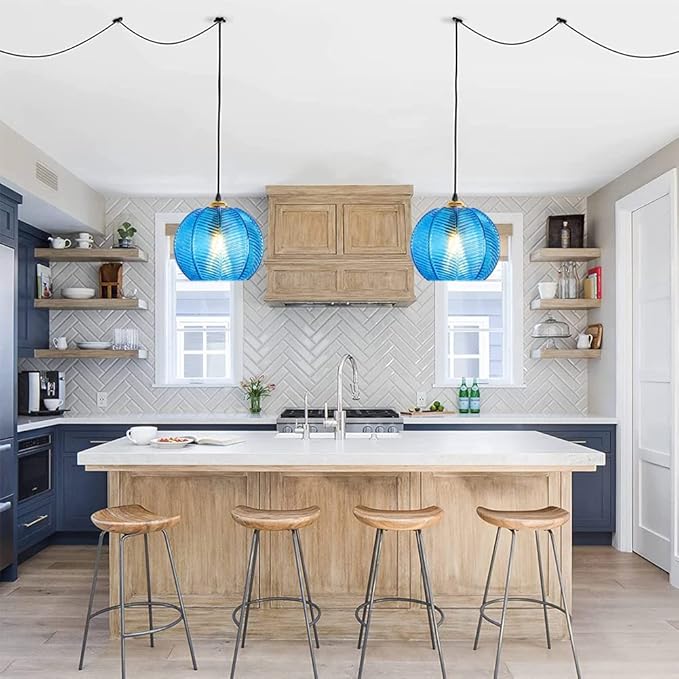 Plug in Glass Pendant Light Mid-Century Modern Striped Glass Hanging Ceiling Lighting Fixture with 14.7FT Cord, Globe Decor Chandelier for Living Room, Bedroom, Dining Hall, Kitchen (Blue)