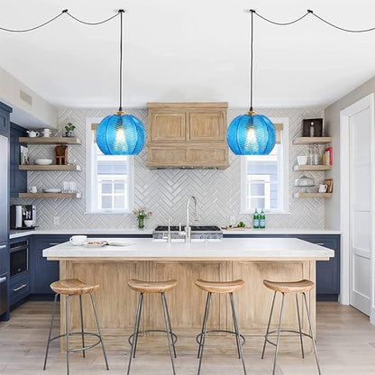 Plug in Glass Pendant Light Mid-Century Modern Striped Glass Hanging Ceiling Lighting Fixture with 14.7FT Cord, Globe Decor Chandelier for Living Room, Bedroom, Dining Hall, Kitchen (Blue)