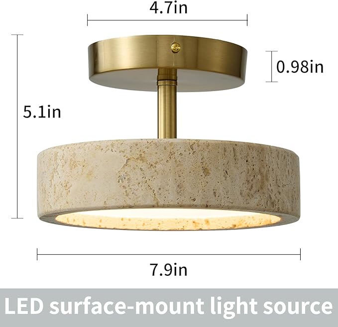Wabi Sabi 8-inch Yellow Travertine Ceiling Light Fixture - Japanese Semi Flush Mount light with Brushde Gold Metal Base, Hardwired Stone Lamp for Bathroom, Kitchen, Bedroom, Hallway & Entryway
