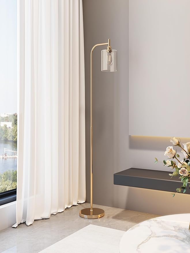 addlon Floor Lamps for Living Room Bright Lighting with Glass lampshade, Modern Bright Floor Lamp with LED Bulbs Industrial Standing lamp for beroom, Tall Pole Lamps Office - Brass Gold