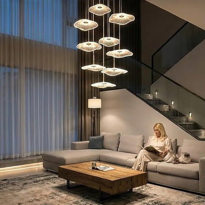 ziidoo High Ceiling Chandelier - 7-Light Dimmable Modern Gold Long Spiral Luxury Linear Lotus Leaf Led Lamp Hanging Pendant Lights for Foyer Enterway Staircase Villas