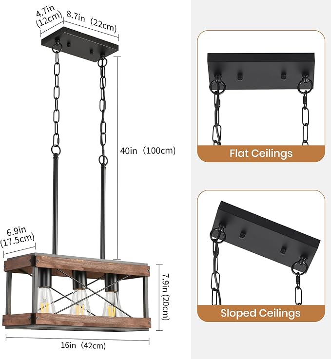 Genuine Wood Farmhouse Kitchen Island Light, 3-Light Rustic Pendant Chandelier with Adjustable Height, Metal Linear Hanging Lamp for Dining Room Bar Pool Table