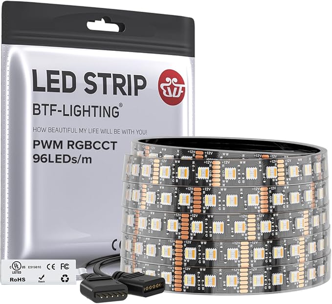 BTF-LIGHTING RGBCCT 5 Colors in 1 LED 5050SMD RGBWW RGB+Dimmable Tunable Color Temperature 2700K-6500K UL Listed 16.4ft 96LED/m 480LED DC12V Multi-Colored IP67 for Decoration(No Adapter or Controller)