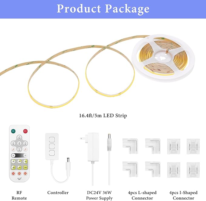 COB Smart LED Strip Light - 16.4ft/5m 2700K Warm White 24V Dimmable Strip Light with Remote High-Density 2400LEDs CRI90+ Compatible with Alexa/Google Assistant Cuttable Tape for Bedroom Wardrobe