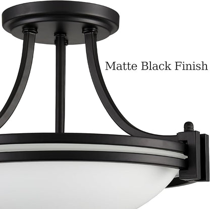 Matte Black Semi Flush Mount Ceiling Light Modern Farmhouse 2-Light Milk Glass Ceiling Light Fixture for Hallway Bedroom Kitchen, 12-Inch