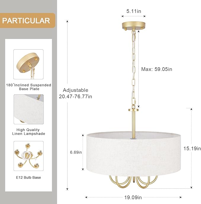 5 Lights Drum Chandelier Gold Farmhouse Chandelier with Shades 19" Large Pendant Light Fixtures Hanging Brass Round Chandeliers for Bedroom Dining Room Over Table Living Room Foyer Kitchen Island