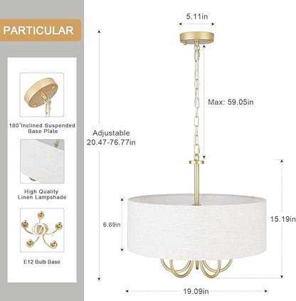 5 Lights Drum Chandelier Gold Farmhouse Chandelier with Shades 19" Large Pendant Light Fixtures Hanging Brass Round Chandeliers for Bedroom Dining Room Over Table Living Room Foyer Kitchen Island