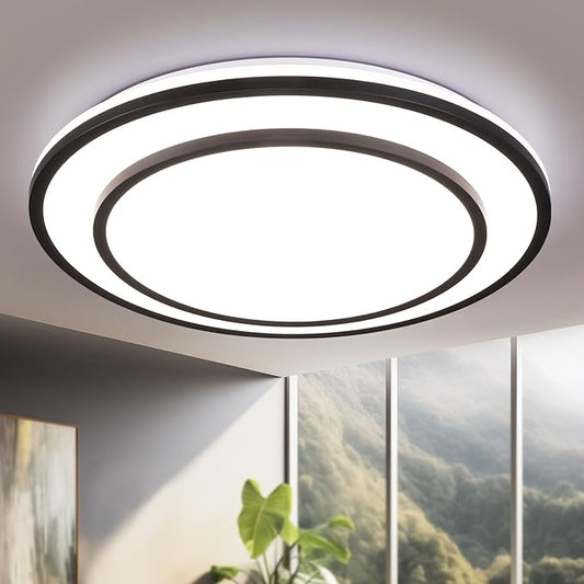 Black LED Flush Mount Ceiling Light Fixture 5CCT, Dimmable Light Fixture Ceiling Mount 16" 24W, Overhead Modern Close to Ceiling for Living Room, Foyer, Kitchen, Bedroom