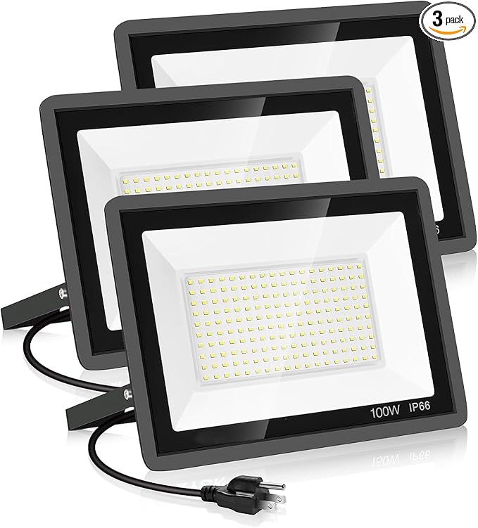 YANYCN 3 Pack 100W Led Flood Lights Outdoor,Super Bright 11600LM Security Lights with Plug,Exterior IP66 Waterproof 5000K Daylight White FloodLight for Basketball Court, Yard, Garden, Playground