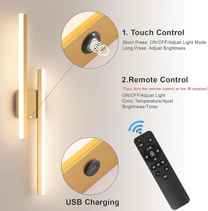 Modern Battery Operated Wall Sconce Set of Two,Gold Wall Light with Remote,Rechargeable LED Wall Lamp Indoor for Bathroom Living Room Bedroom Corridor