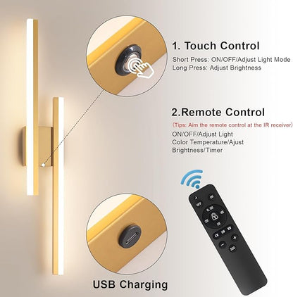 Modern Battery Operated Wall Sconce Set of Two,Gold Wall Light with Remote,Rechargeable LED Wall Lamp Indoor for Bathroom Living Room Bedroom Corridor