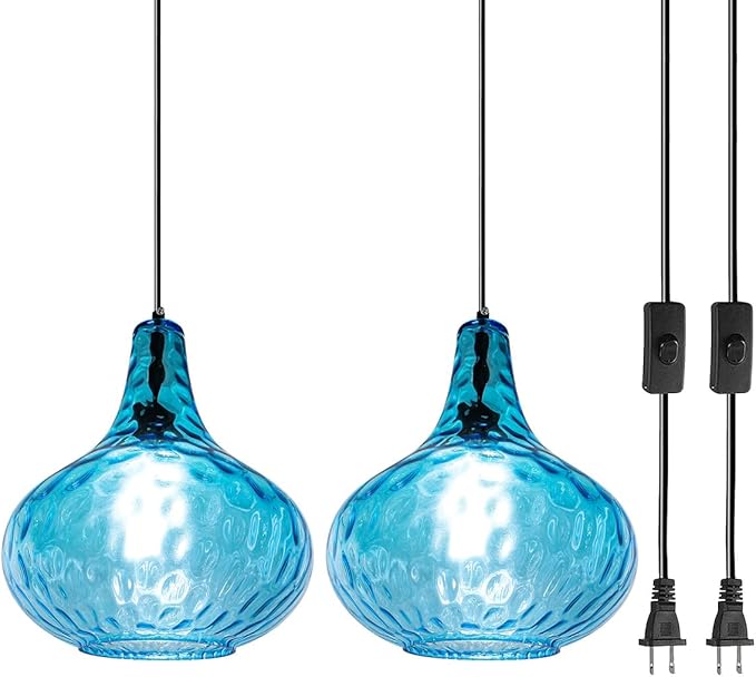2-Pack Blue Hanging Lamp Vintage Plug in Pendant Light Fixture Globe Glass Plug in Ceilig Pendant Lamp with Cord Hammered Shade Plugin Hanging Lamp for Bedroom Dining Living Room