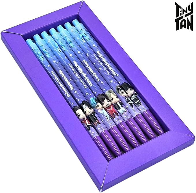TinyTAN BTS Merchandise Official Licensed Kpop Merch Character Ballpoint Pen Black, 0.5mm, (1 Pack of 7 Pens) (MIC Drop Ver.)