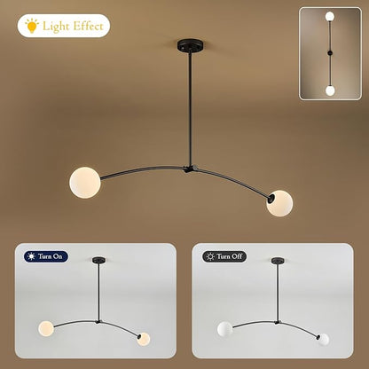 Mid Century Black Sputnik Chandelier Contemporary L45” 2 Lights Milk Glass Globe Ceiling Pendant Lighting Fixture for Kitchen Island Dining Room Home Office Bar