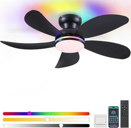 PHORUS 42" Black RGB Ceiling Fans with Lights and Remote/APP,Low Profile Ceiling Fans with Quiet Reversible DC Motor,Small Modern Flush Mount Ceiling Fan Light for Bedroom Kids Room