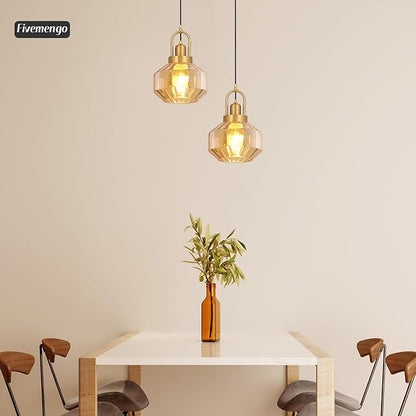 9in Mid Century Modern Amber Glass Pendant Light Fixture Small Gold Globe Kitchen Island Pendant Light with Hand Blown Glass Ceiling Hanging Lamp for Foyer Dining Room Bedroom Entryway
