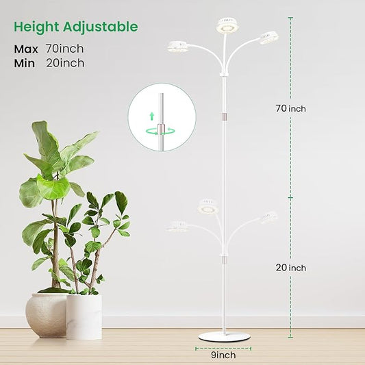LORDEM Full Spectrum Plant Light for Indoor Growing,Tri-Head Grow Light with Stand for Large Plants,Auto ON/Off Timer 6/8/12/16H, 5 Dimmable Levels, 20-70 inches Adjustable Height