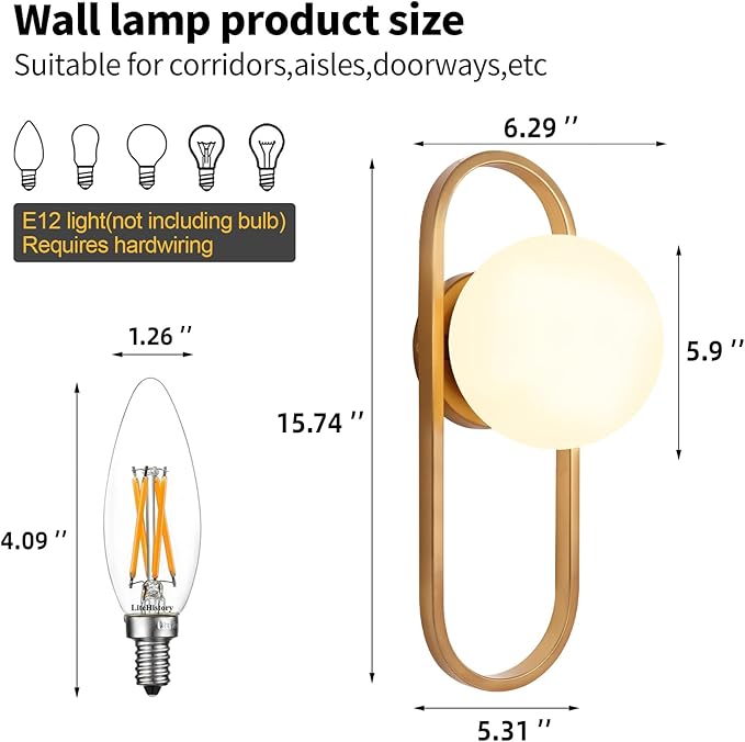 Bektas Gold Wall Lamp Sconces Set of 2 with White Globe Glass Shade - Living Room & Bedroom Wall Lights ETL Listed