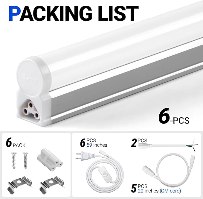 Barrina (6 Pack LED T5 Integrated Single Fixture, 4FT, 2200lm, 6500K Super Bright White, 20W Utility LED Shop Light, Ceiling and Under Cabinet Light, Corded Electric with ON/Off Switch, ETL Listed