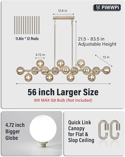55" Long Chandeliers for Dining Room Kitchen Island, Large Globe Sputnik Linear Chandelier, 16 Lights Mid Century Modern Light Fixture Over Table, Nickel and Smoke Grey Bubble, GC-08