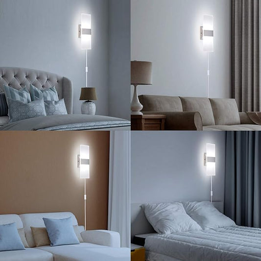 TRLIFE Wall Sconce Plug in, Modern Wall Sconce 12W Wall Mounted Light 6000K Cool White Acrylic LED Wall Lights with 6FT Plug in Cord and On/Off Switch on The Cord(1 Pack, Silver)