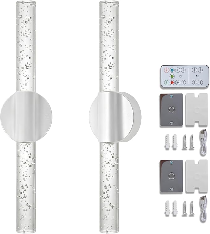 Battery Operated Wall Sconces Set of 2, Rechargeable Wall Lights with Remote Control & Dimmable, Wireless Wall Lamp Fixtures Not Hardwired for Bedroom Living Room Hallway (5400mAh, White)