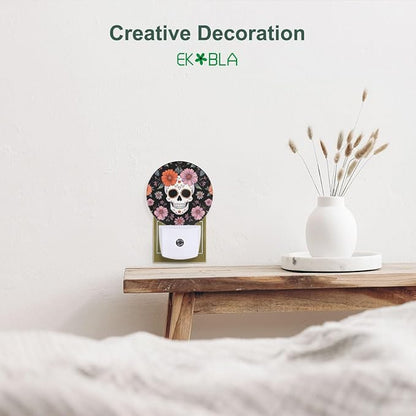 EKOBLA Floral Skull Plug-in Night Light, Skeleton & Flower LED Nightlight with Auto Sensor for Bedroom & Hallway