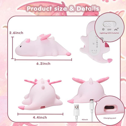 Cute Baby Dragon Kids Night Light for Kids,Cute Soft Silicone Lamp 3 Level Dimmable Changing Rechargeable Breastfeeding Nursery Portable Kawaii Lamps,Bedside Lamp for Baby and Toddler,Boy Girls（Pink）