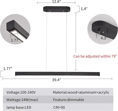39 Inch LED Linear Pendant Light Black Wood LED Kitchen Island Lighting Dimmable Ceiling Hanging Chandeliers for Dining Room Living Room Bar Pool Table 24W Modern Farmhouse Fixture Black
