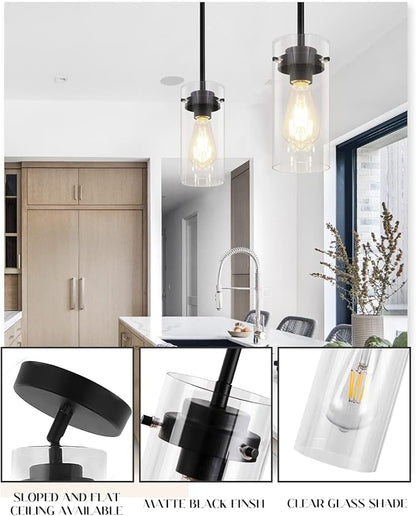 EAPUDUN Pendant Lights (2 Packs), Hanging Lights Fixtures, Clear Glass Shade Kitchen Lighting, Matte Black Farmhouse Kitchen Dining Table Ceiling Lights -PDA1353-B-MBK