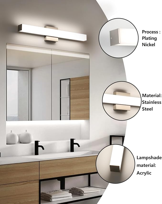 Bathroom Vanity Light Brushed Nickel Square LED 24 inch 14W 4000K Natural White Light Wall Bar Lighting Fixtures Over Mirror (Brushed Nickel, 24inch 4000K Dimmable)