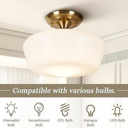 Schoolhouse Style Semi Flush Mount Ceiling Light with Dimmable Bulb Remote Control, 12" Modern Gold Hallway Ceiling Lamp with Opal Milk Glass Shade, Farmhouse Globe Light for Bedroom Kitchen Laundry