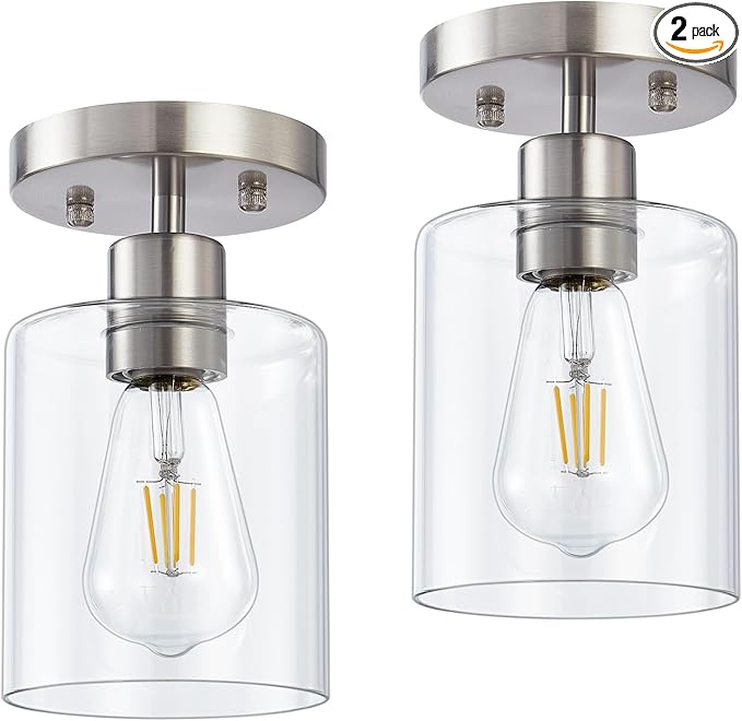 YYT 1-Light Flush Mount Ceiling Light, Brushed Nickel Hallway Light Fixtures, Small Kitchen Lighting Fixtures Ceiling, Cieling Lights with Clear Glass Shade for Entryway Bathroom Corridor Passway