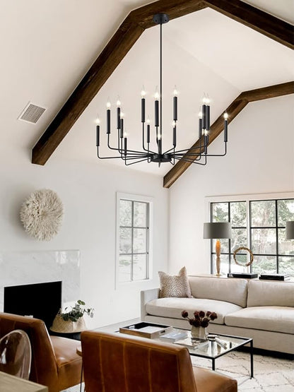 Yiisem Modern Farmhouse Black Chandelier, 16-Light Rustic Candle Chandelier, Industrial Hanging Chandeliers for Dining Room, Living Room, Kitchen, Foyer, Entryway