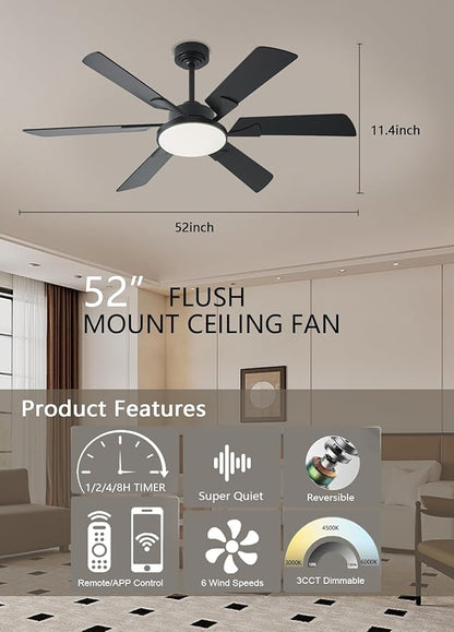 JSAITEE 52 Inch Low Profile Ceiling Fan with Lights, Remote & APP Control, 3CCT Dimmable, 6 Blades 6 Speed Ceiling Fans, Quiet Reversible DC Motor, Modern Black Ceiling Fan for Bedroom Living Room