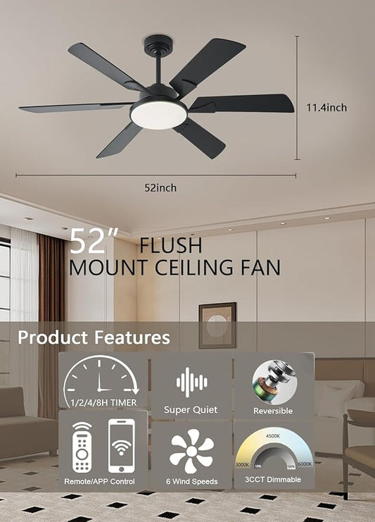 JSAITEE 52 Inch Low Profile Ceiling Fan with Lights, Remote & APP Control, 3CCT Dimmable, 6 Blades 6 Speed Ceiling Fans, Quiet Reversible DC Motor, Modern Black Ceiling Fan for Bedroom Living Room