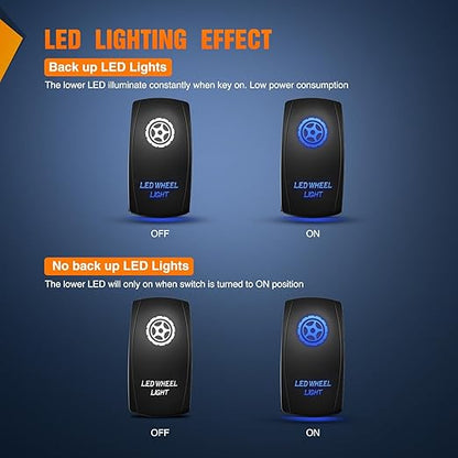 Nilight LED Wheel Light Rocker Switch Led Bar 5 Pin Laser On Off SPST Switches 20A/12V 10A/24V Blue with Jumper Wires Set for Cars Trucks Boats ATVs UTVs RVs