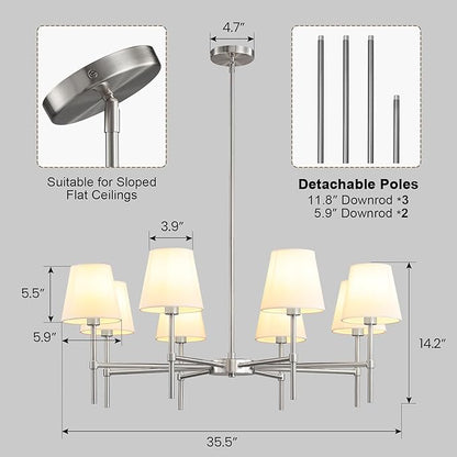 RUIYEY Dining Room Chandeliers Light - Modern Brushed Nickel Chandelier, 8-Light Metal Farmhouse Dining Room Light Fixture, E26 Hanging Pendent Lighting for Kitchen, Living Room, Foyer, Entrance