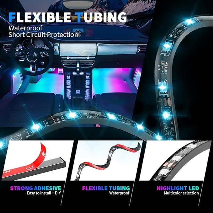 Car LED Interior Lights,Car LED Strip Light with,8 Colors Atmosphere Lights,USB Port Music Sound-Activated Lighting.