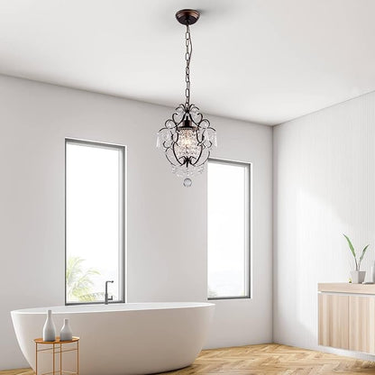 Modern Mini Crystal Chandelier,Iron Bronze Crystal Light Fixtures Ceiling Mount 1 Light Small Chandeliers for Bedroom Elegant Hanging Lighting for Girls Room Dining Room Closet Kitchen Island