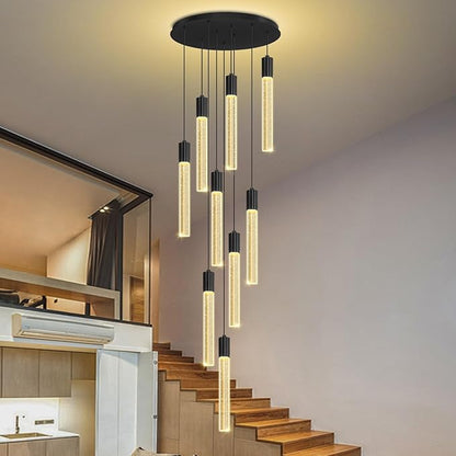 Modern 9-Light Crystal Chandelier – 98" High Ceiling Design Black Dimmable LED Pendant Light for Foyer Living Room Hallway Staircase