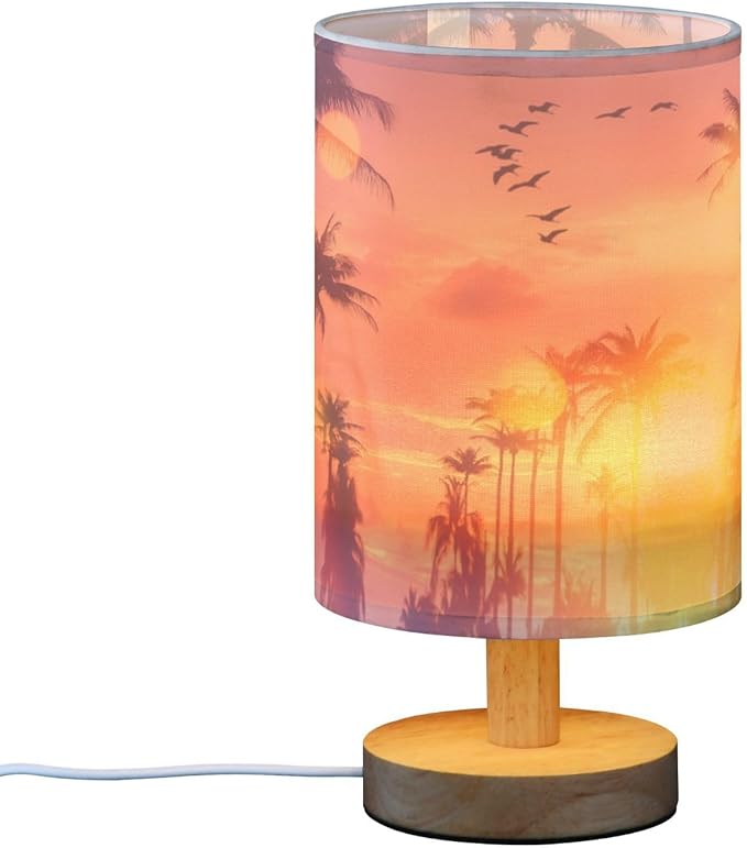 Bedside Table Lamp Tropical Palm Tree Sun Sunset Sky Birds Nightstand Lamp with Wood Desk Lamps for Bedroom Living Room Nursery Office Home Decor