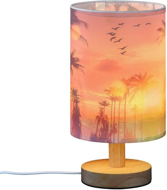 Bedside Table Lamp Tropical Palm Tree Sun Sunset Sky Birds Nightstand Lamp with Wood Desk Lamps for Bedroom Living Room Nursery Office Home Decor
