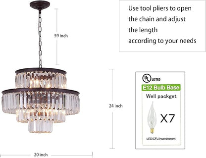 20" Black Crystal Chandelier, Modern 4-Tier Ceiling Light with Clear Crystal Prisms, Luxury Pendant Lighting for Dining Room Entryway