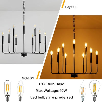 Black Chandeliers for Dining Room Light Fixture Over Table, Modern Farmhouse Chandeliers for Living Room,9-Lights Industrial Metal Candle Lighting Fixtures for Entryway Kitchen Island Foyer