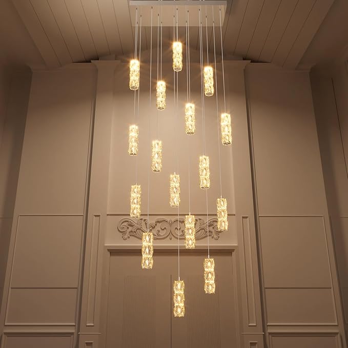 ykolupty Modern Rectangular Chandelier 16-Lights Crystal Chandeliers LED Dimmable Silver Linear Chandelier Flush Mount Crystal Pendant Light for Living Room Dining Room Foyer