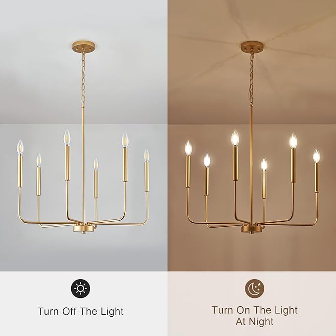 Modern Gold Chandelier for Dining Room,Metal 6-Light Kitchen Light Fixtures,Farmhouse Candle Hanging Pendant Light for Living Room Entryway Foyer Bedroom (Bulb Not Included)
